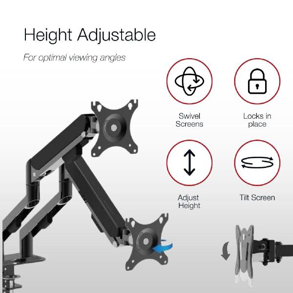 Shintaro Dual Monitor Mount for Up to 27" Screen, Gas Spring Arms, C-Clamp & Bolt, Tilt, 9kgs Max... - Image 3