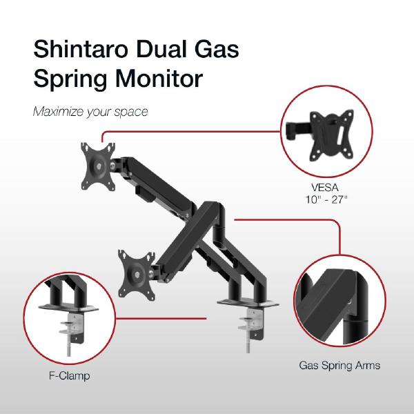 Shintaro Dual Monitor Mount for Up to 27" Screen, Gas Spring Arms, C-Clamp & Bolt, Tilt, 9kgs Max... - Image 6