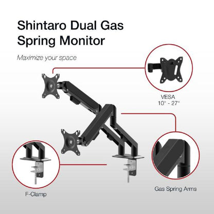 Shintaro Dual Monitor Mount for Up to 27" Screen, Gas Spring Arms, C-Clamp & Bolt, Tilt, 9kgs Max... - Image 6
