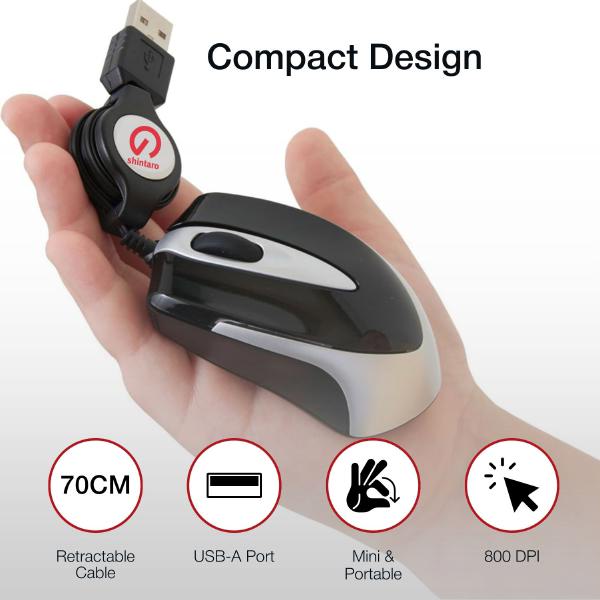 Shintaro Mini Optical Mouse with USB 2.0 & Retractable Cable - Compact & Ergonomic Design - Mice - Image 4
