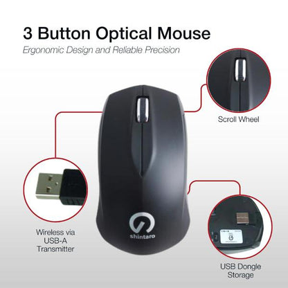 Shintaro 3 Button Wireless RF Mouse with USB 2.0 Dongle & 1600 DPI Precision - Ergonomic Optical Design