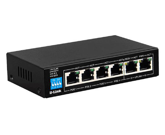 D-Link 6-Port Unmanaged PoE Switch with 4 PoE RJ45 and 2 Uplink RJ45 Ports