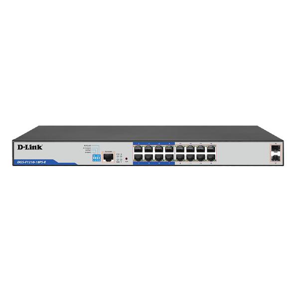 D-Link DGS-F1210, 18-Port Gigabit Smart Managed PoE+ Switch with 16 PoE RJ45 and 2 SFP Ports - Ne...