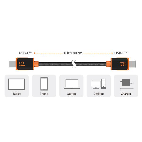 J5create JUCX24 USB-C to USB-C Sync & Charge Cable 180cm, Braided Polyester (Supports USB 2.0 with speeds up to 480Mbps, output up to 3A) Up to 60W PD