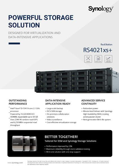 Synology RackStation RS4021xs+ 16-Bay 3.5" Diskless 4xGbE 2x10GbERJ45 (3U Rack),Intel Xeon D-1541 8core,16GB DDR4, Ask for a Solutions Project Quote.