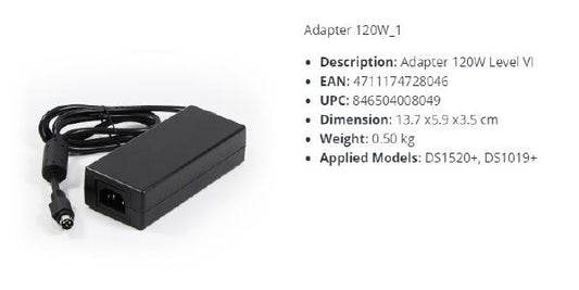 Synology Spare Part AC Adapter 120W Level VI for DS1520+ DS1019+ DS1522+