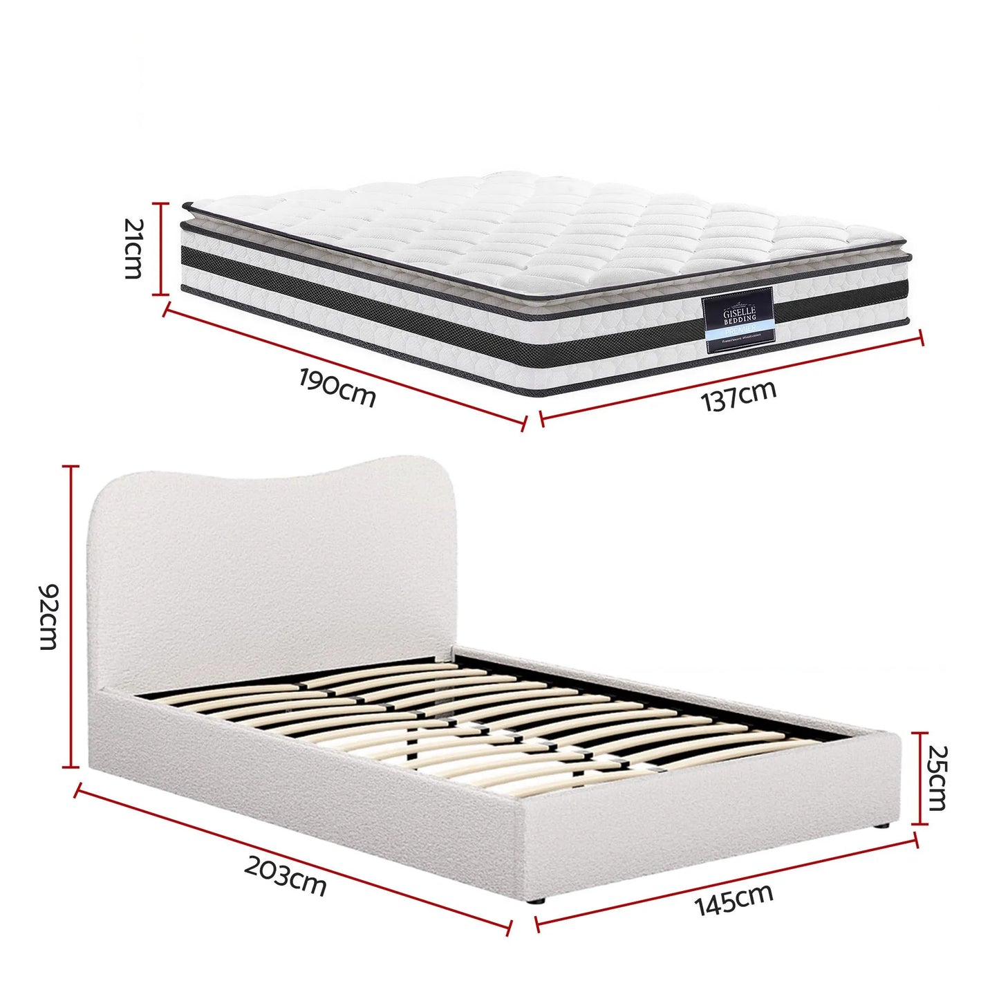 Giselle 21cm Bonnell Pillow Top Mattress Artiss Double Boucle Bed Frame Set - Image 2