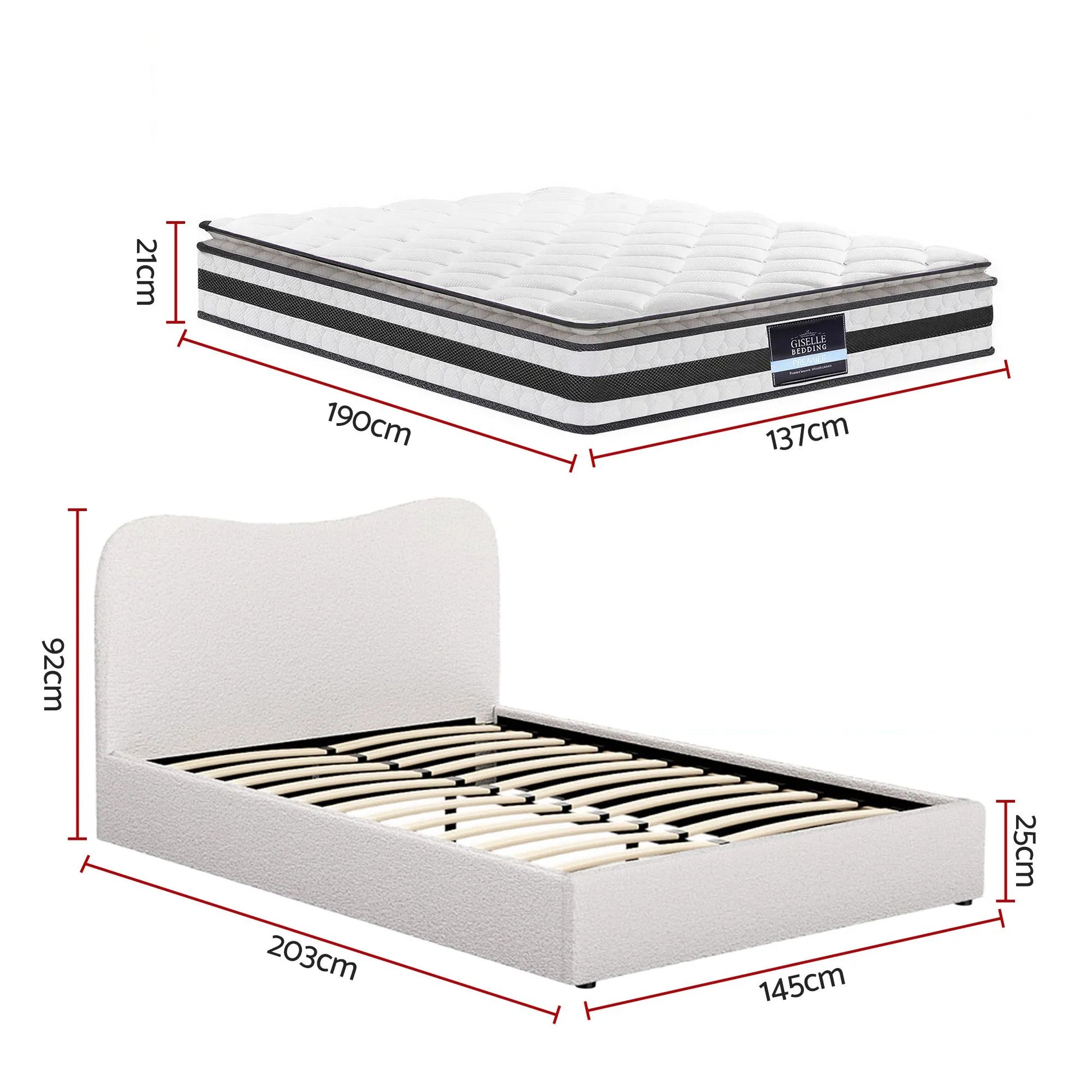 Giselle 21cm Bonnell Pillow Top Mattress Artiss Double Boucle Bed Frame Set - Image 2