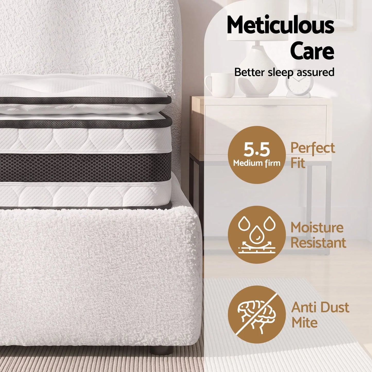Giselle 21cm Bonnell Pillow Top Mattress Artiss Double Boucle Bed Frame Set - Image 3