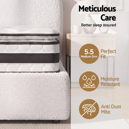 Giselle 21cm Bonnell Pillow Top Mattress Artiss Double Boucle Bed Frame Set - Image 3