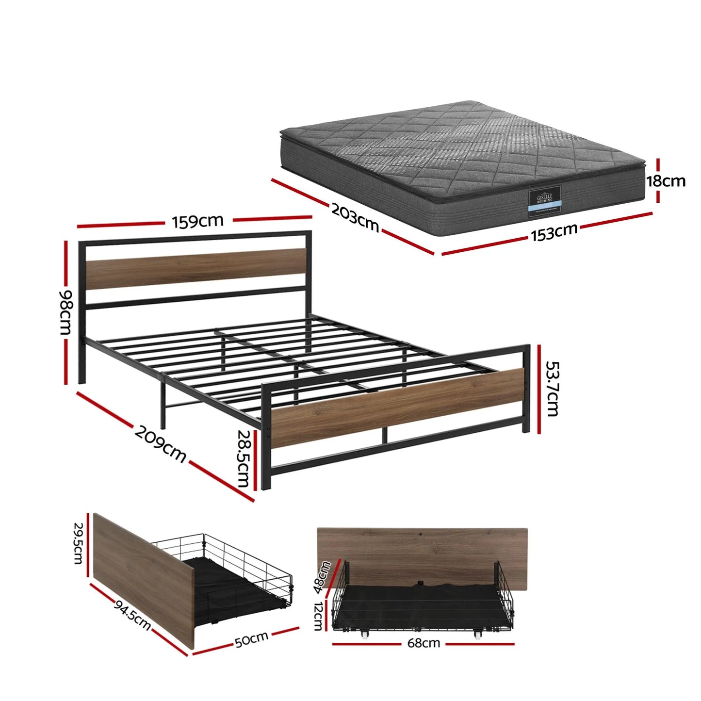 Giselle 18cm Queen Mattress Pillowtop and Artiss Metal Bed Frame Set With 2 drawers - Image 2