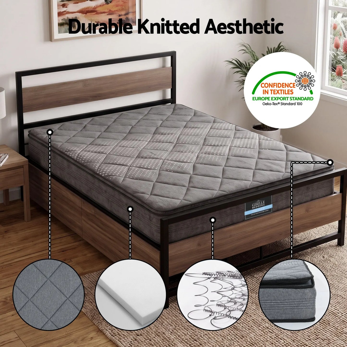 Giselle 18cm Queen Mattress Pillowtop and Artiss Metal Bed Frame Set With 2 drawers - Image 4