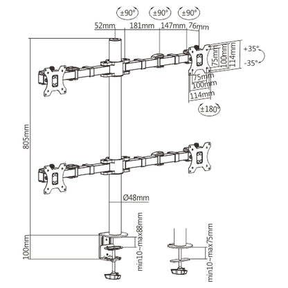 Brateck Quad Monitors Affordable Steel Articulating Monitor Arm Fit Most 17'-32' Monitors Up to 9kg per screen VESA 75x75/100x100 (LS)