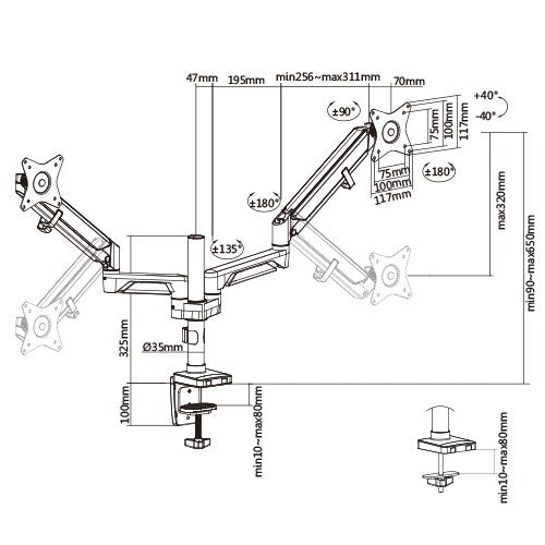 Brateck Dual Monitors Pole-Mounted Epic Gas Spring Aluminum Monitor Arm Fit Most 17'-32' Monitors... - Image 2