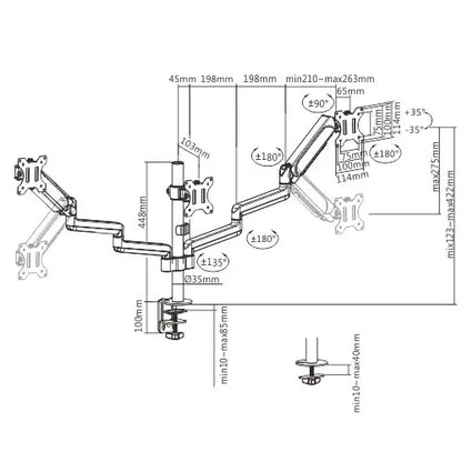 Brateck Triple Monitors Pole-Mounted Gas Spring Monitor Arm Fit Most 17'-27' Monitors Up to 7kg p... - Image 2