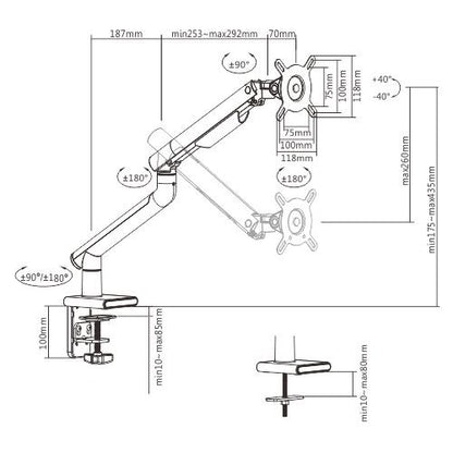 Brateck Single Monitor Premium Slim Aluminum Spring-Assisted Monitor Arm Fix Most 17'-32' Monitor Up to 9kg per screen VESA 75x75/100x100 - Space Grey