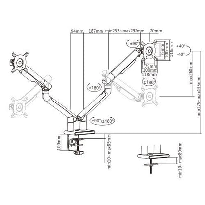 Brateck Dual Monitor Premium Slim Aluminum Spring-Assisted Monitor Arm Fix Most 17'-32' Monitor Up to 9kg per screen VESA 75x75/100x100 (Space Grey)