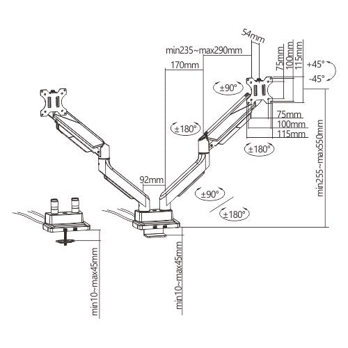Brateck Dual Monitor Economy Heavy-Duty Gas Spring Monitor Arm with USD 3.0 Ports Fit Most 17'-35... - Image 2