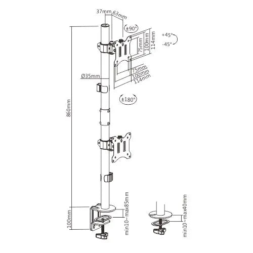Brateck Vertical Pole Mount Dual-Screen Monitor Mount Fit Most 17'-32' Monitors, Up to 9kg per sc... - Image 3