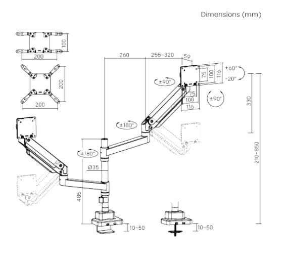 Brateck LDT80-C024P Matte Black Super Heavy-Duty Pole-Mounted Gas Spring Dual Monitor Arm For mos... - Image 3