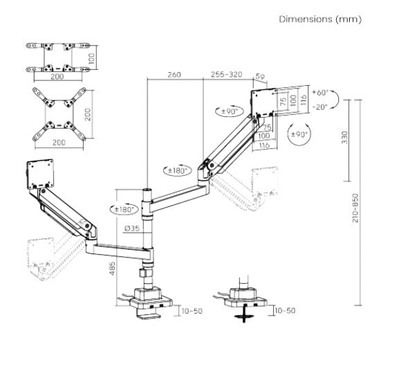 Brateck LDT80-C024UCP Matte Black Super Heavy-Duty Pole-Mounted Gas Spring Dual Monitor Arm with... - Image 4