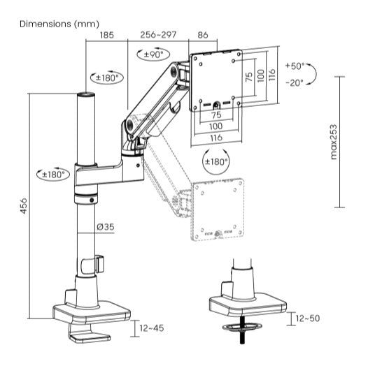 Brateck LDT81-C012P-W NOTEWORTHY POLE-MOUNTED HEAVY-DUTY GAS SPRING MONITOR ARM For most 17'~49'... - Image 3