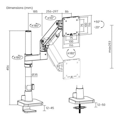 Brateck LDT81-C012P-W NOTEWORTHY POLE-MOUNTED HEAVY-DUTY GAS SPRING MONITOR ARM For most 17'~49'... - Image 3