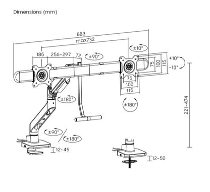 Brateck LDT81-C022UC-B NOTEWORTHY GAS SPRING DUAL MONITOR ARM WITH USB-A/USB-C PORTS Fit Most 17'... - Image 4