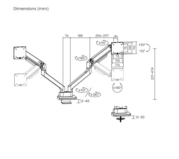 Brateck LDT81-C024-W NOTEWORTHY HEAVY-DUTY GAS SPRING DUAL MONITOR ARM Fit Most 17'-35' Monitor F... - Image 3