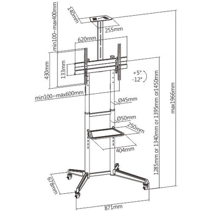 Brateck Versatile  Compact Steel TV Cart with top and center shelf for 37'-70' TVs Up to 50kg, Fine Texture Black, 871x678x1966mm (LS)