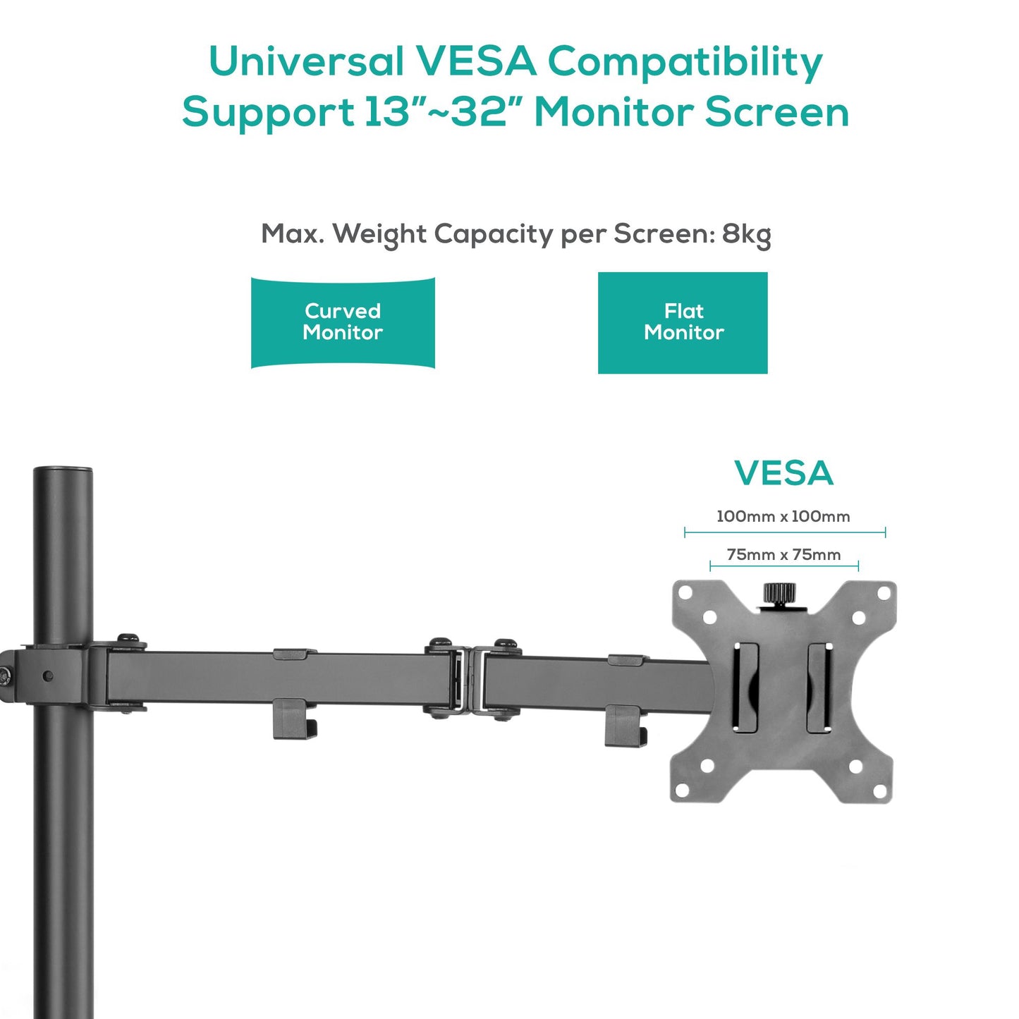 mbeat® activiva ErgoLife Single Monitor Screen Double Joint Monitor Arm Fit Screen Screen:13''- 32'' Detachable VESA Net Weight3kg