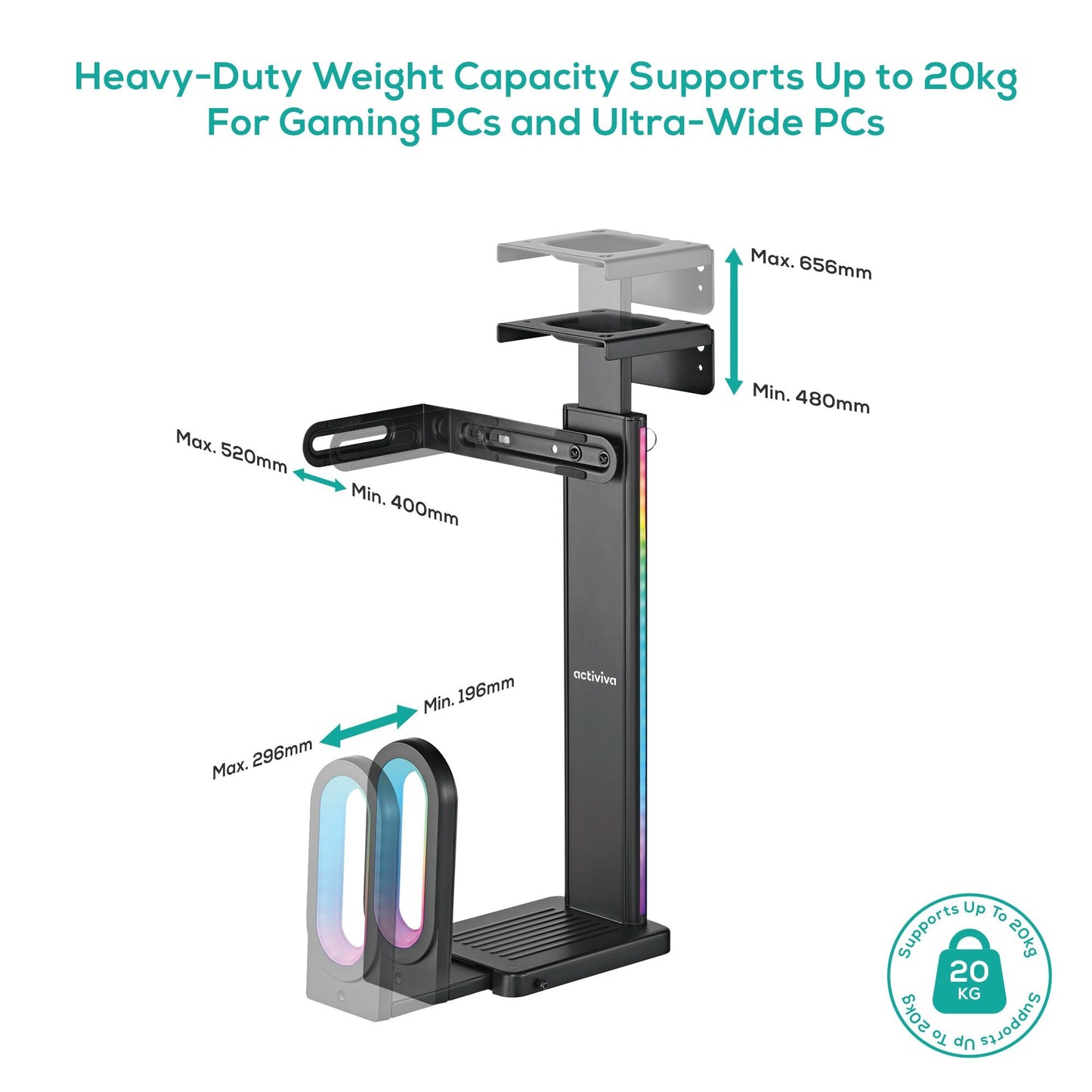 mbeat® activiva RGB Ultra-Wide Adjustable Wall  Under-Desk Gaming PC Mount Heavy-Duty Weight Capa... - Image 3
