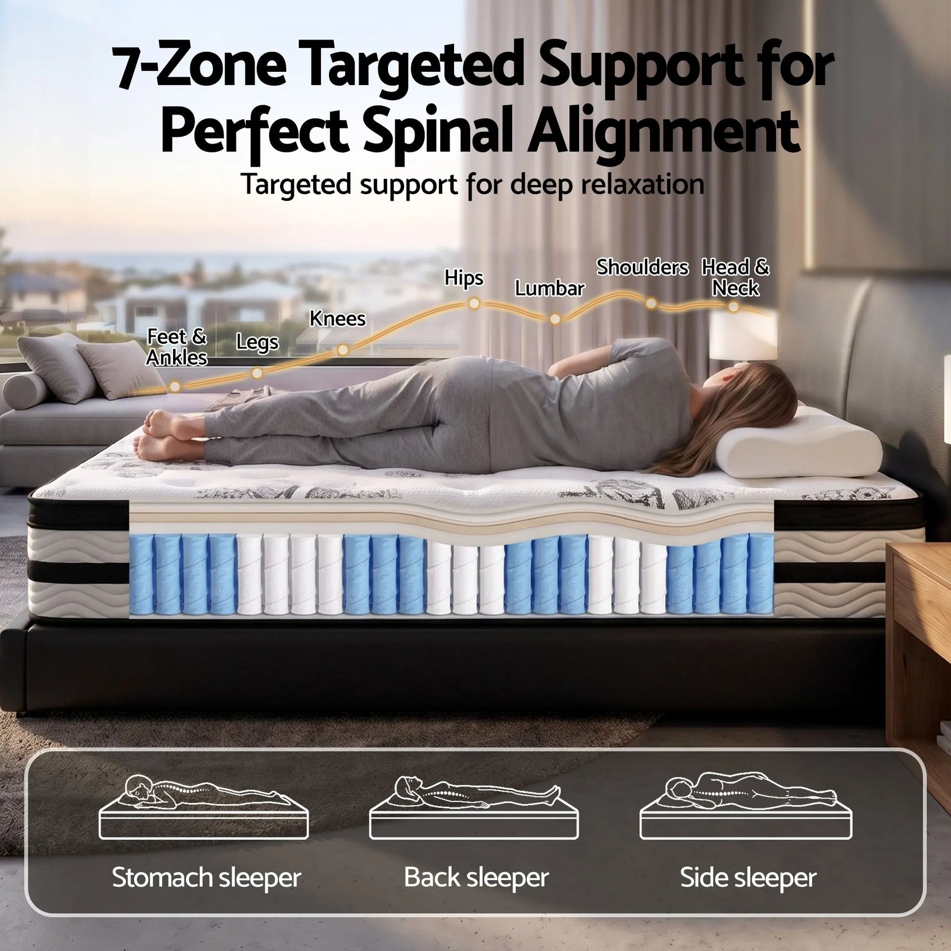 Giselle Queen 34cm 5-Zone Euro Top Pocket Spring Mattress with 2 Natural Latex Contour Pillows - Image 3
