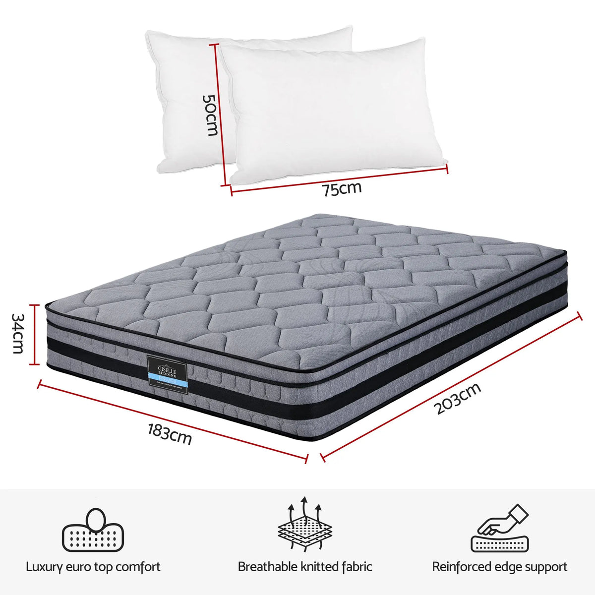 Giselle King 34cm Euro Top Pocket Spring Mattress with 2 Feather Down Pillows Set - Image 2