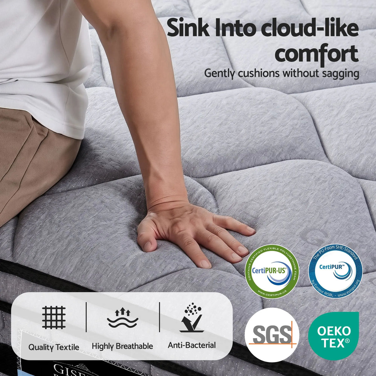 Giselle King 34cm Euro Top Pocket Spring Mattress with 2 Feather Down Pillows Set - Image 4
