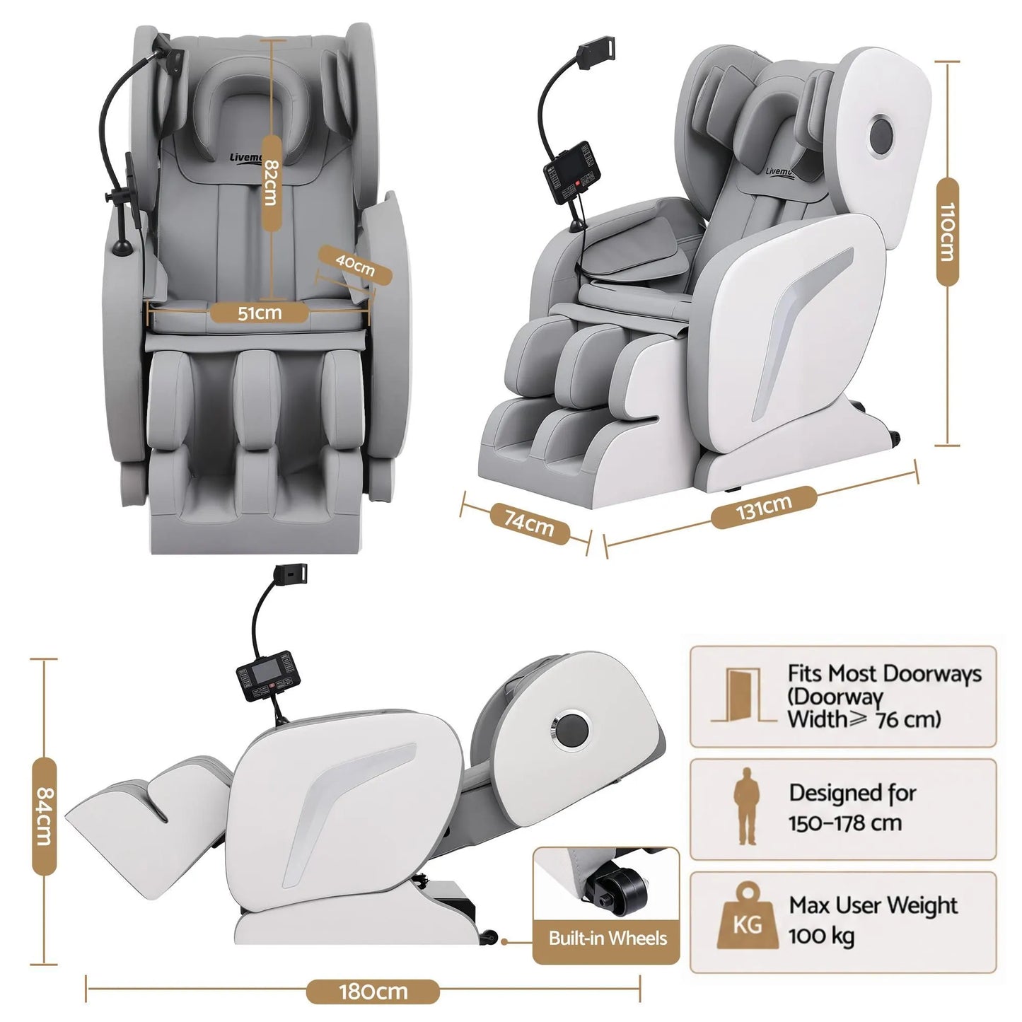 Livemor Full Body Massage Chair VEGA, Foot Roller, Waist & Calf Heat, Recliner, Airbags Compression - Image 2