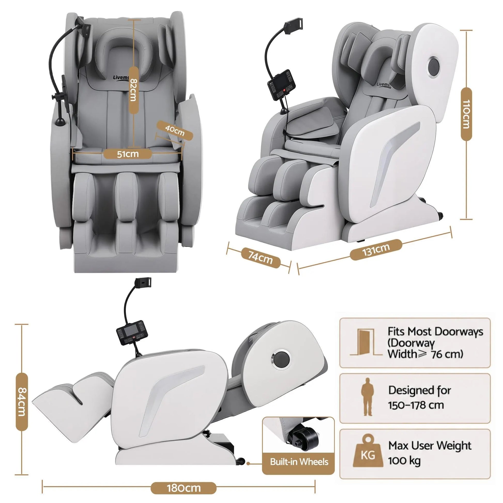 Livemor Full Body Massage Chair VEGA, Foot Roller, Waist & Calf Heat, Recliner, Airbags Compression - Image 2