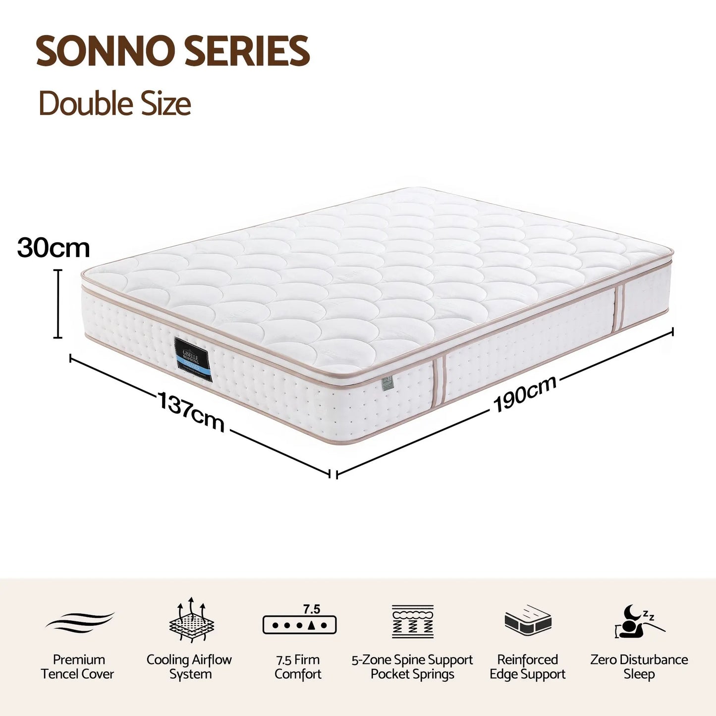 Giselle 30cm Double Spring Mattress Tencel Cover 5-Zone Firm Back Support