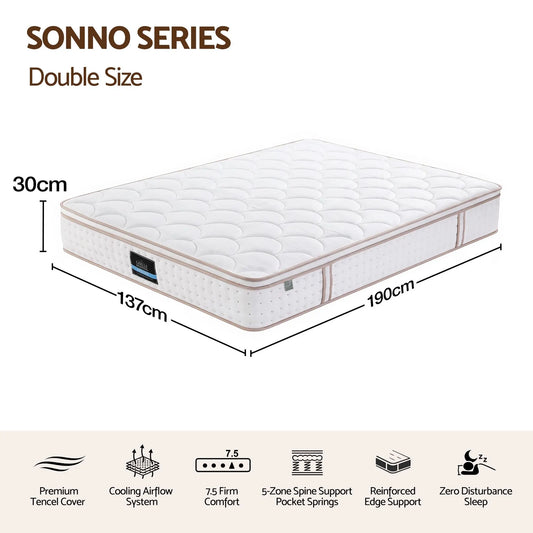 Giselle 30cm Double Spring Mattress Tencel Cover 5-Zone Firm Back Support