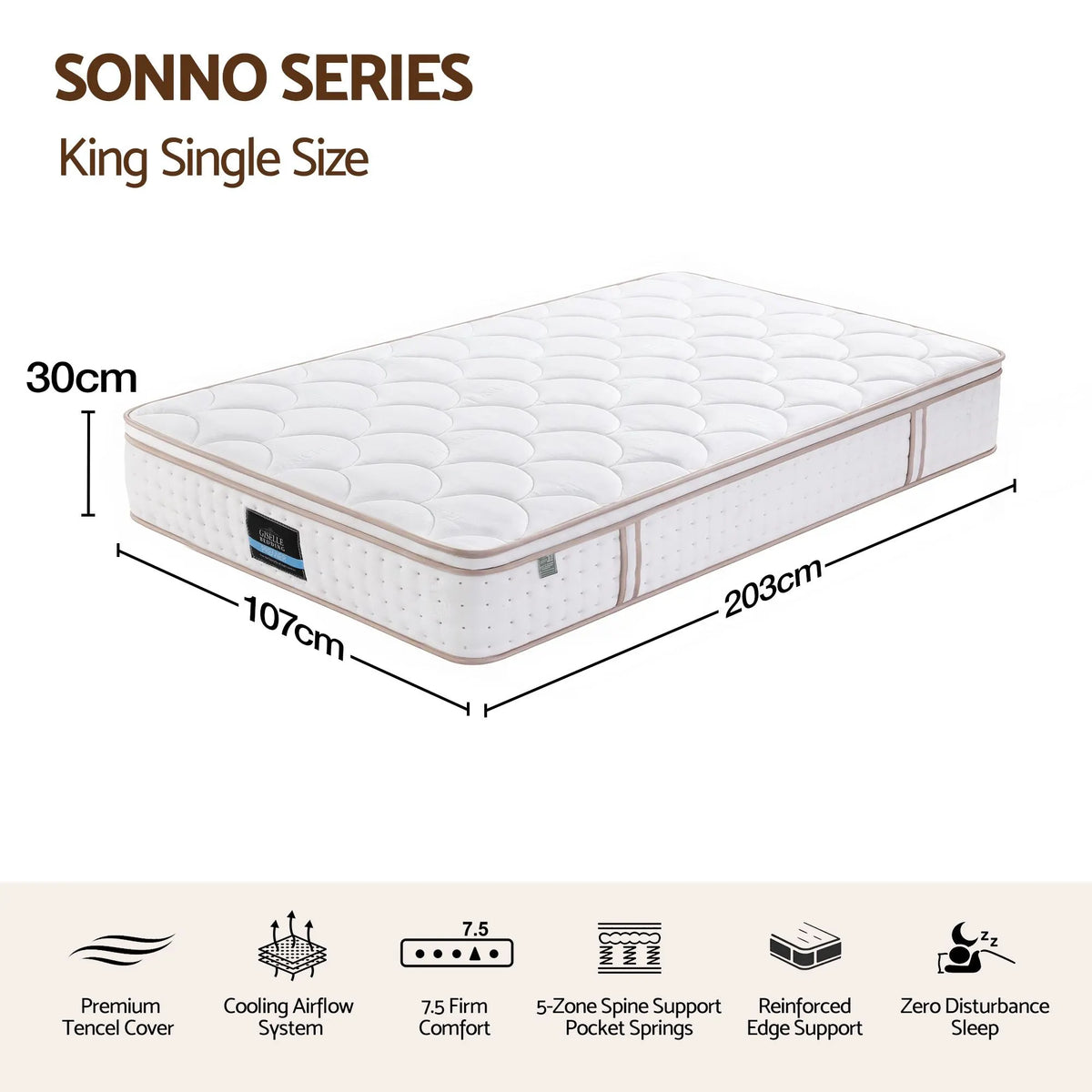 Giselle 30cm King Single Spring Mattress Tencel Cover 5-Zone Firm Back Support