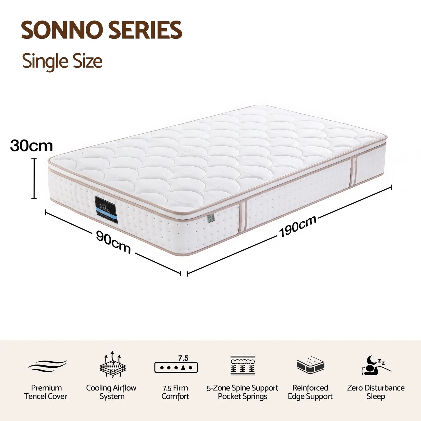 Giselle 30cm Single Spring Mattress Tencel Cover 5-Zone Firm Back Support