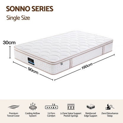 Giselle 30cm Single Spring Mattress Tencel Cover 5-Zone Firm Back Support