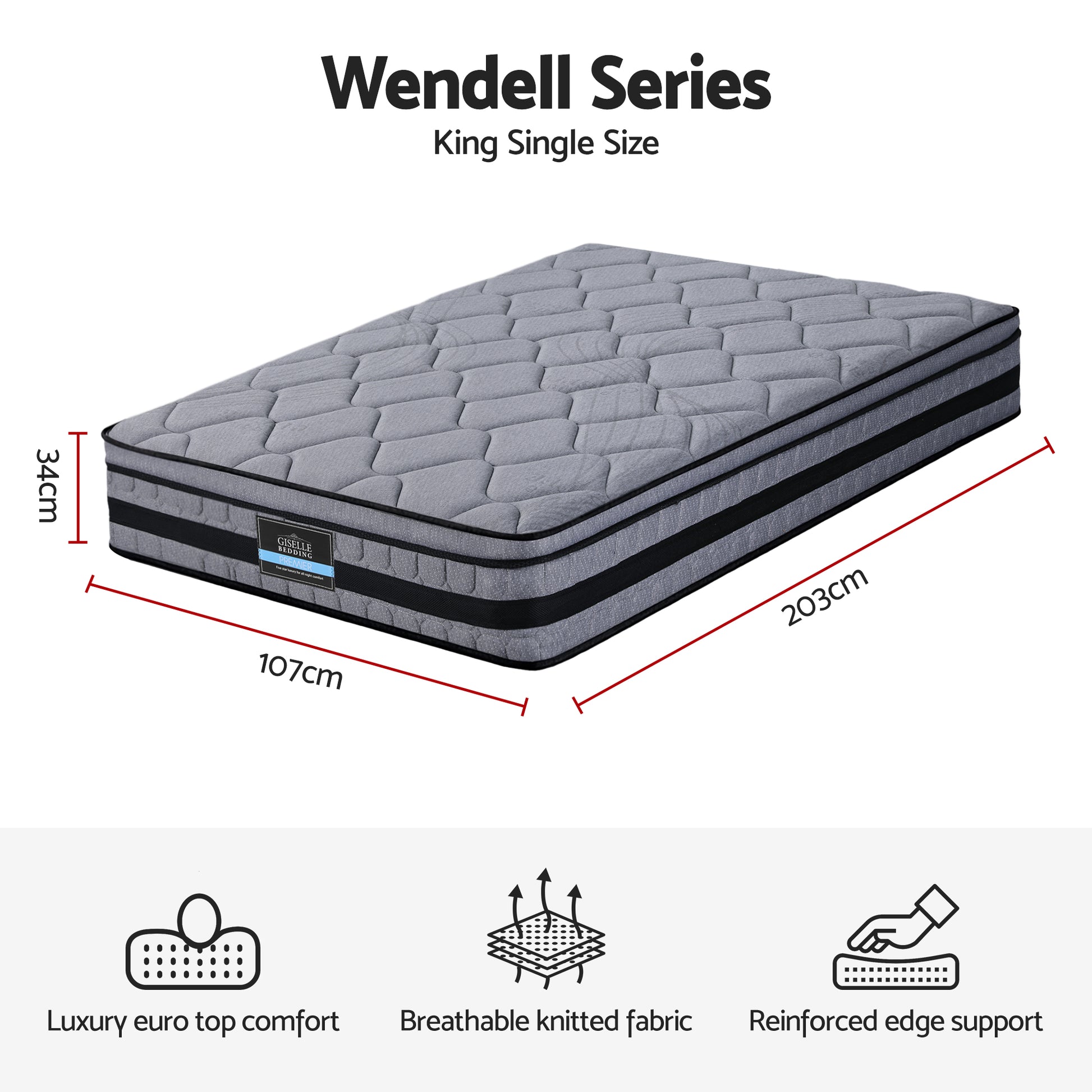 Giselle Bedding 34cm King Single Mattress Hybrid, Pocket Spring Bed Mattress - Image 3