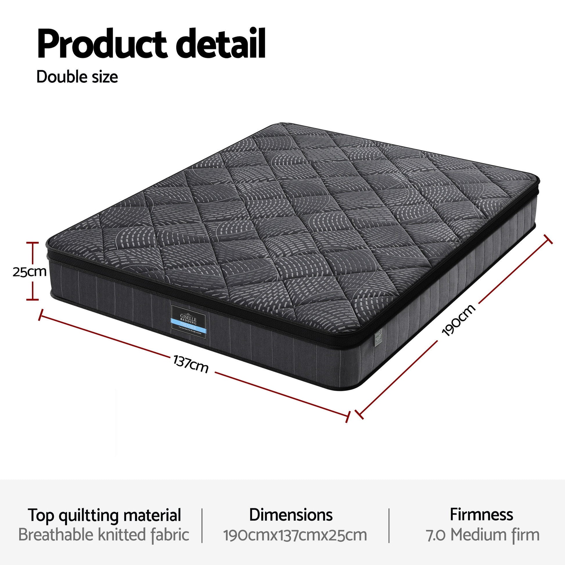 Giselle Bedding Double Mattress 25cm Pocket Spring Latex Euro Top Medium Firm Bed - Image 3