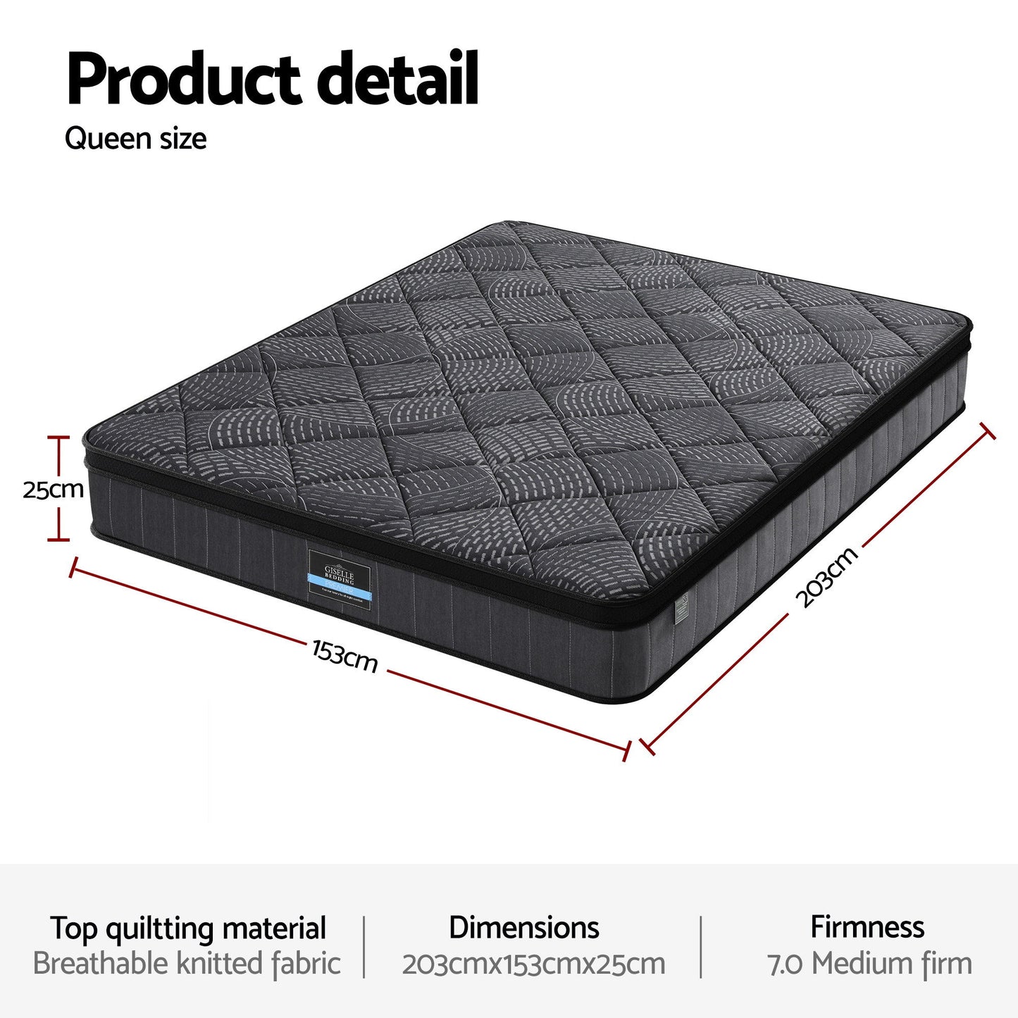 Giselle Bedding Queen Mattress 25cm Pocket Spring Latex Euro Top Medium Firm Bed - Image 3