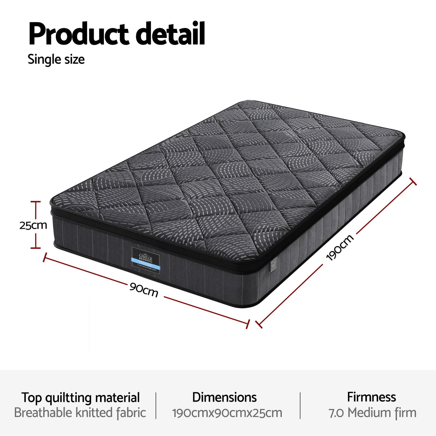 Giselle Bedding Single Mattress 25cm Pocket Spring Latex Euro Top Medium Firm Bed - Image 3