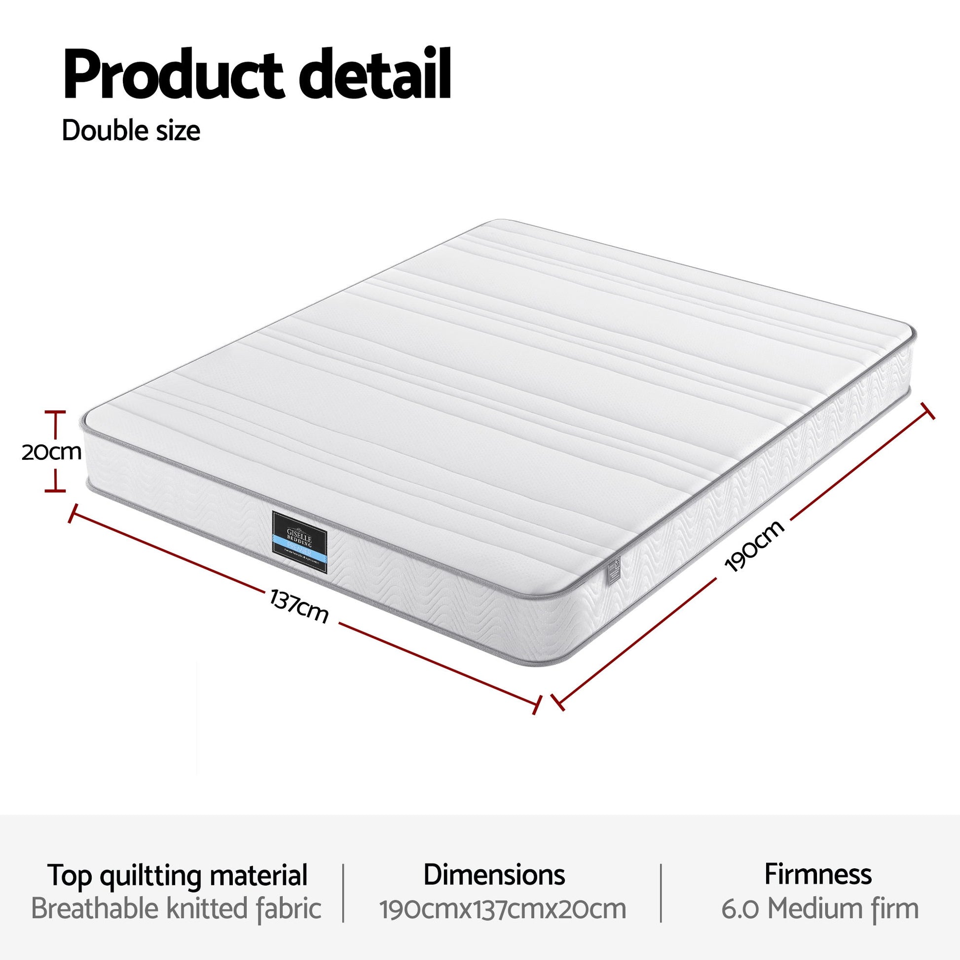 Giselle Double Mattress 20cm with Reinforced Edge Support Egg-Crate Foam - Image 3