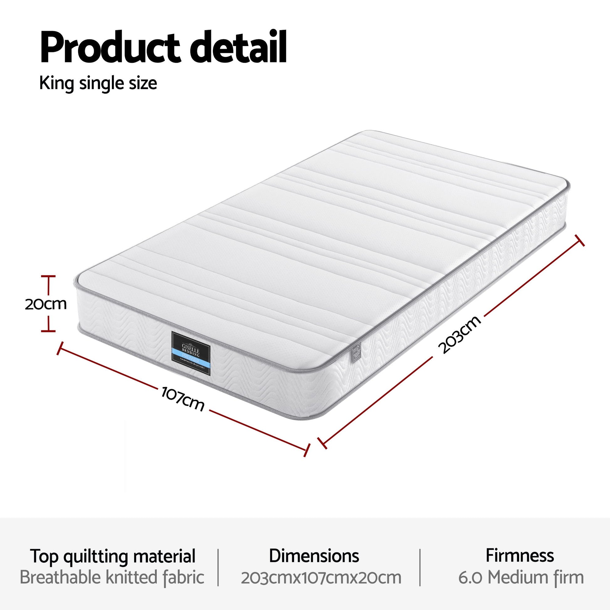 Giselle King Single Mattress 20cm with Reinforced Edge Support Egg-Crate Foam - Image 3