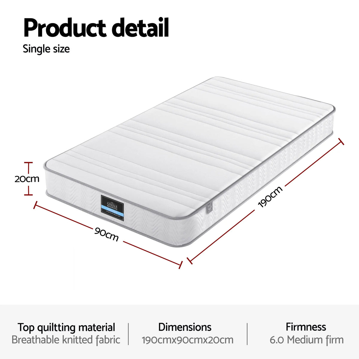 Giselle Single Mattress 20cm with Reinforced Edge Support Egg-Crate Foam - Image 3