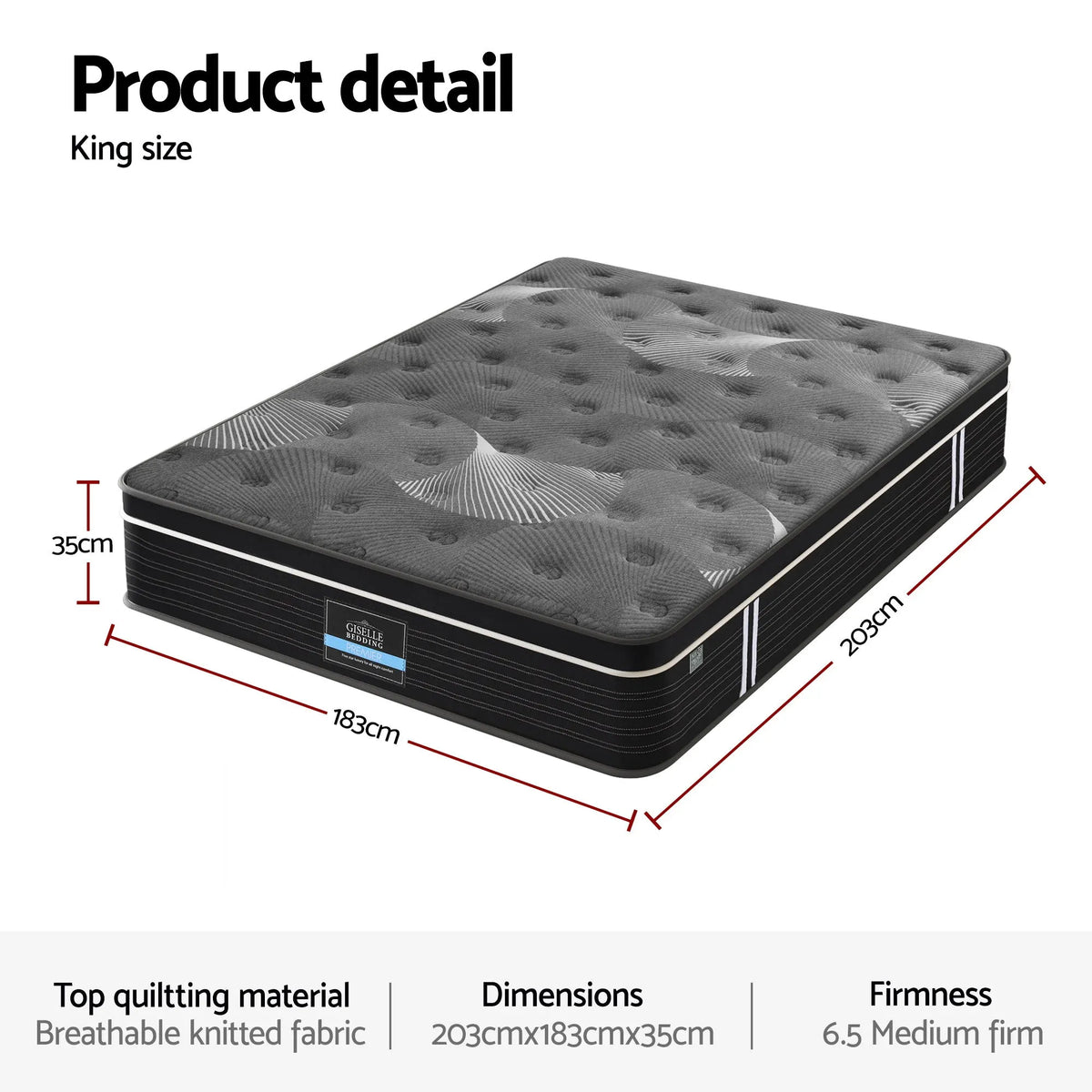Giselle Bedding King Mattress 35cm Euro Top with Graphene Cooling Comfort Medium Firm - Image 3
